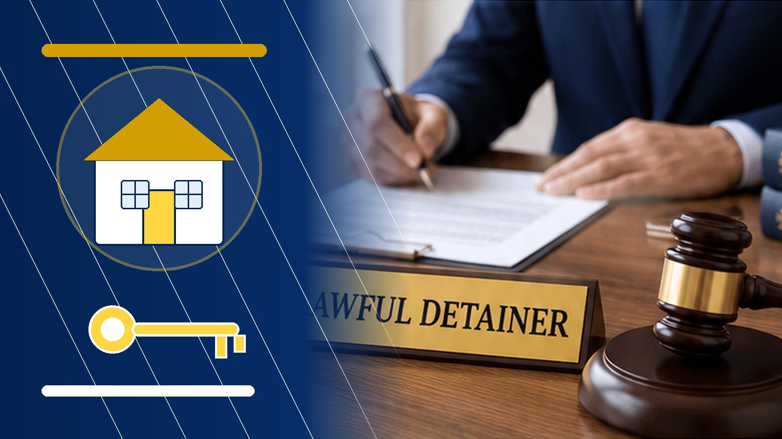 Unlawful detainer document preparation with a house, key, court papers, and gavel