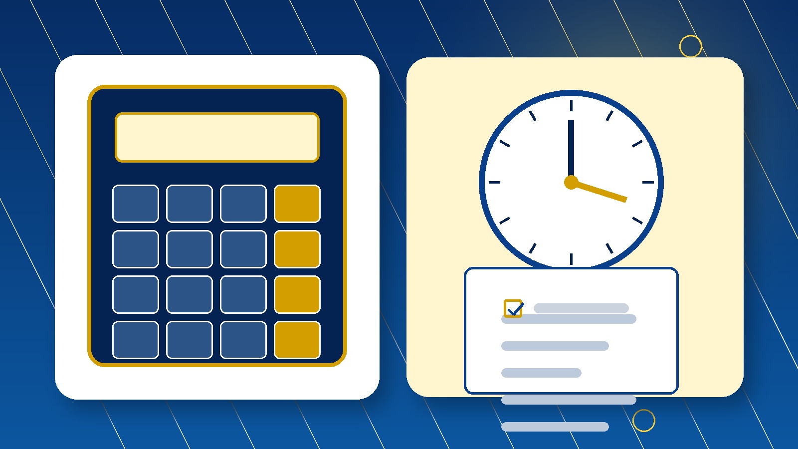 Calculator, clock, and organized legal paperwork representing time and filing costs